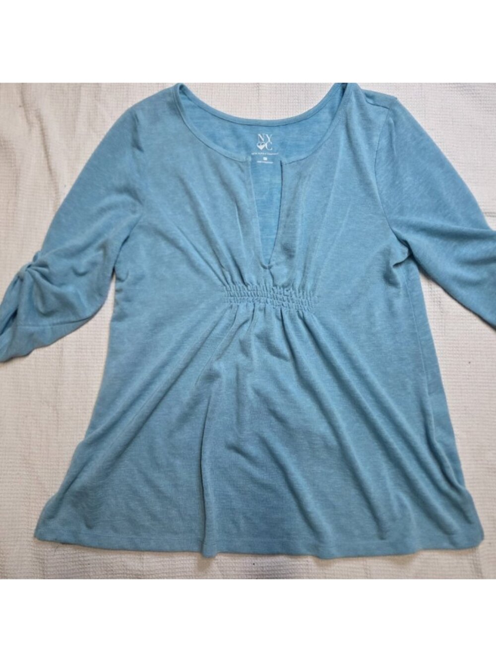 NY & Co Aqua blue V-neck Tunic top W/ Ruched Accent 3/4 Sleeve Size XL